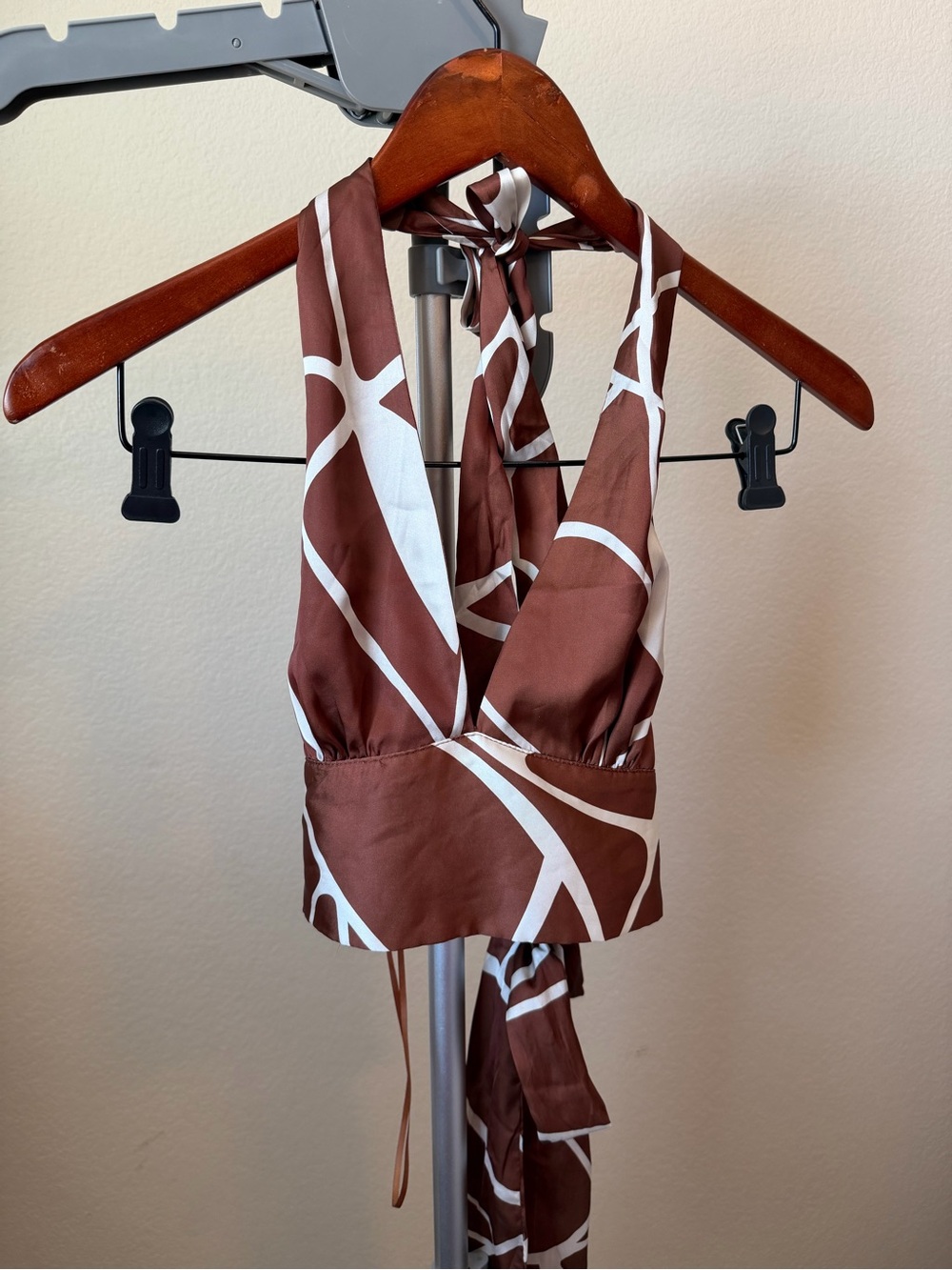 Brown & White Geometric Halter Crop Top